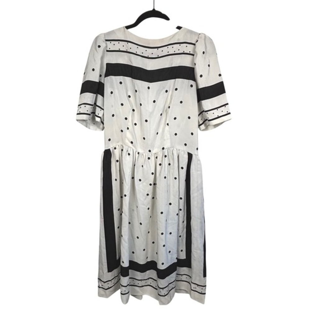 Vintage Black White Polka Dot Striped Midi Dress Puff‎ Sleeve Ruffle
